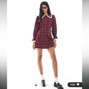 ASOS Wednesday’s Girl Check Lace Collar Mini Dress Burgundy Size Small